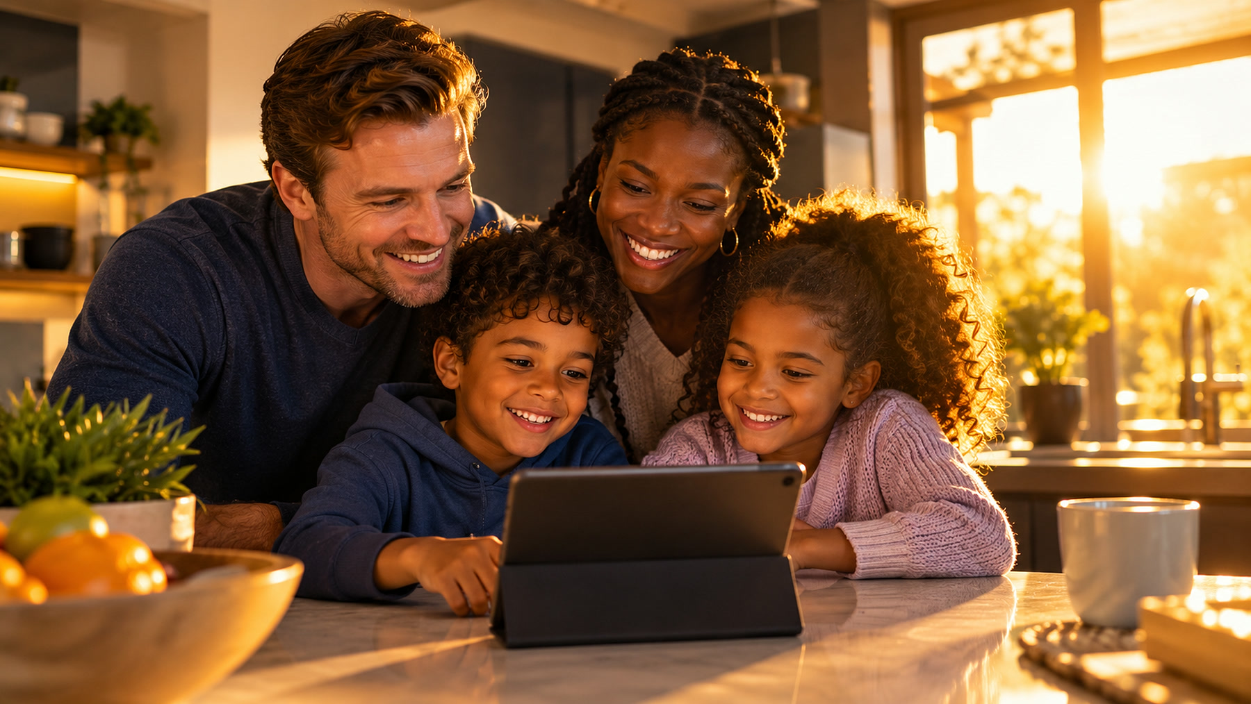 A family at home, a parent checking the school app
