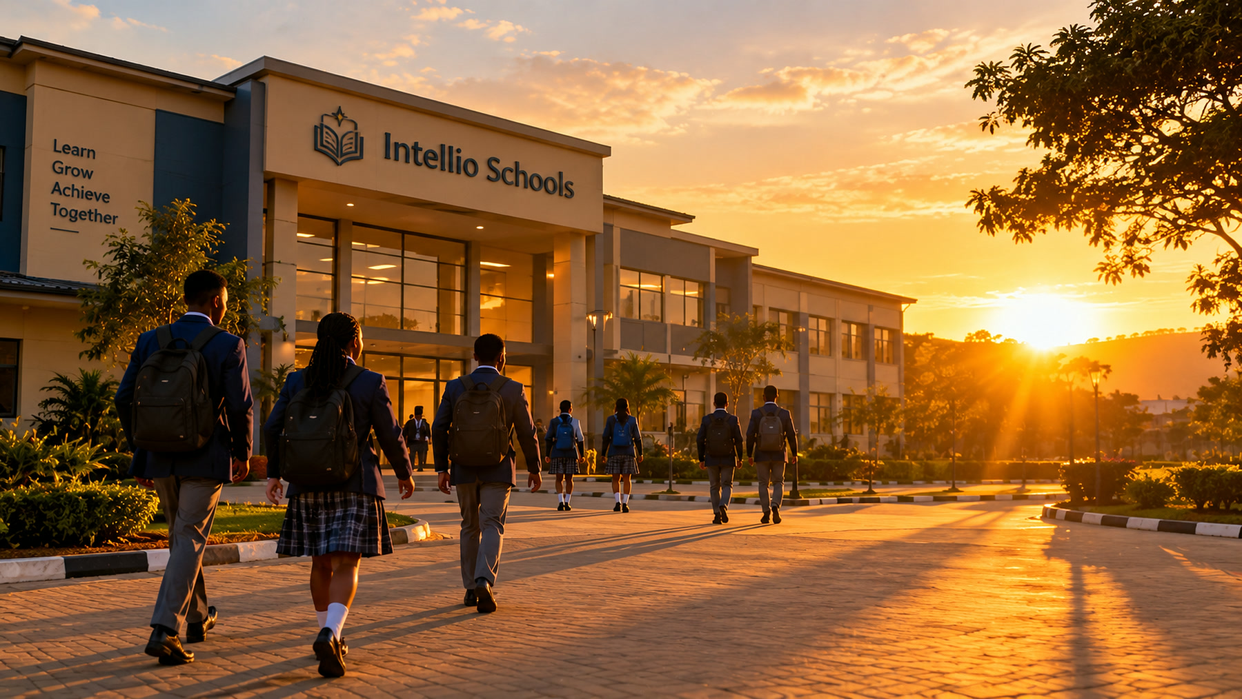 Students arriving at school at golden hour
