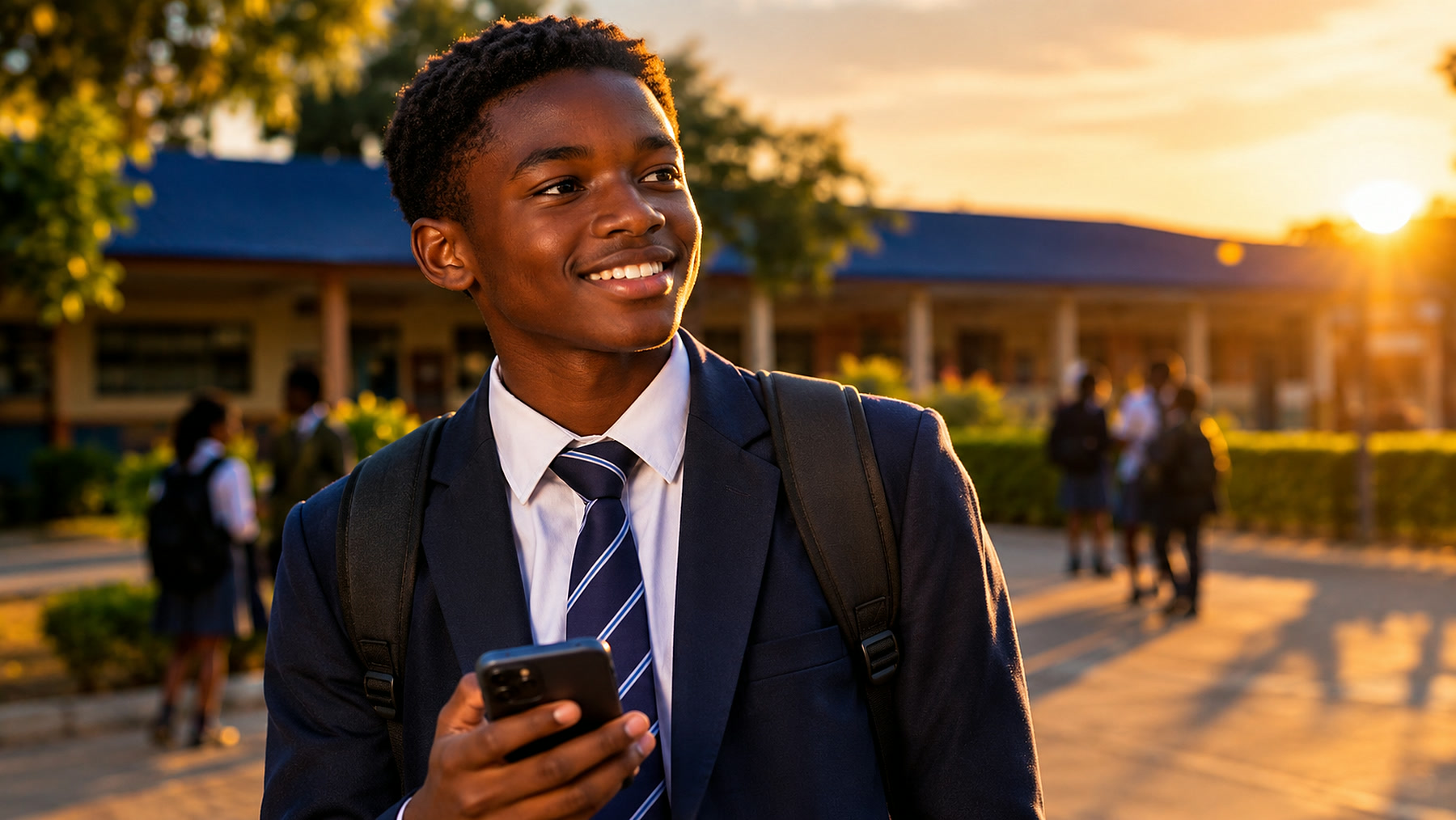 A student smiling, holding his phone in the school courtyard